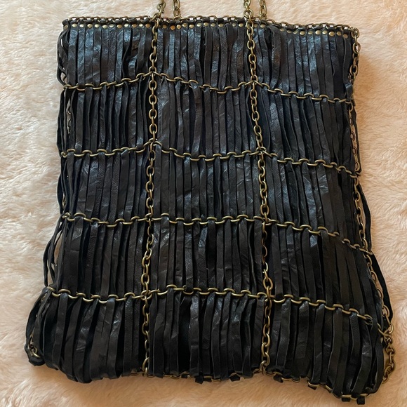 Black leather and gold burnished Stylish chain Boho Bag. Like new! - Picture 3 of 13